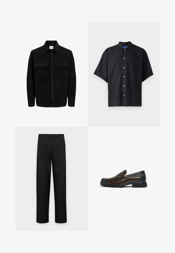 Crni kožni kord jakna na dugmad s dva prednja džepa s preklopom i klasičnim ovratnikom, dugim rukavima i rebrastom teksturom.; Kratki crni rukav s majicom od lagane tkanine, s oštrom kragnom i prednjim kopčanjem na gumbe bijele boje.; Crne hlače od glatkog materijala, s dizajnom ravnih nogavica, dva prednja nabora i standardnim pojasom s petljama za remen.; Smeđe kožne loaferice s okruglim vrhom, prošivom na gornjem dijelu, glatkom teksturom i kontrastnom crnom gumiranom potplatom.