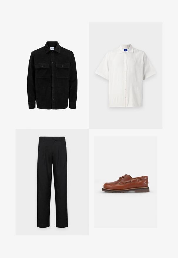 Svart kordfløyels knappjakke med to frontlommer med klaff og klassisk krage, lange ermer og ribbet tekstur.; Kortermet, hvit skjorte med knapper, laget av lett stoff, med klassisk krage og subtil tekstur. Knapper er jevnt plassert.; Sorte bukser laget av glatt stoff, med rette ben, to frontfoldninger og standard liv med beltehemper.; Brune lærbåtsko med avrundet tå, snøring og metalløyne. Tekstured såle for grep. Klassisk, uformell stil.