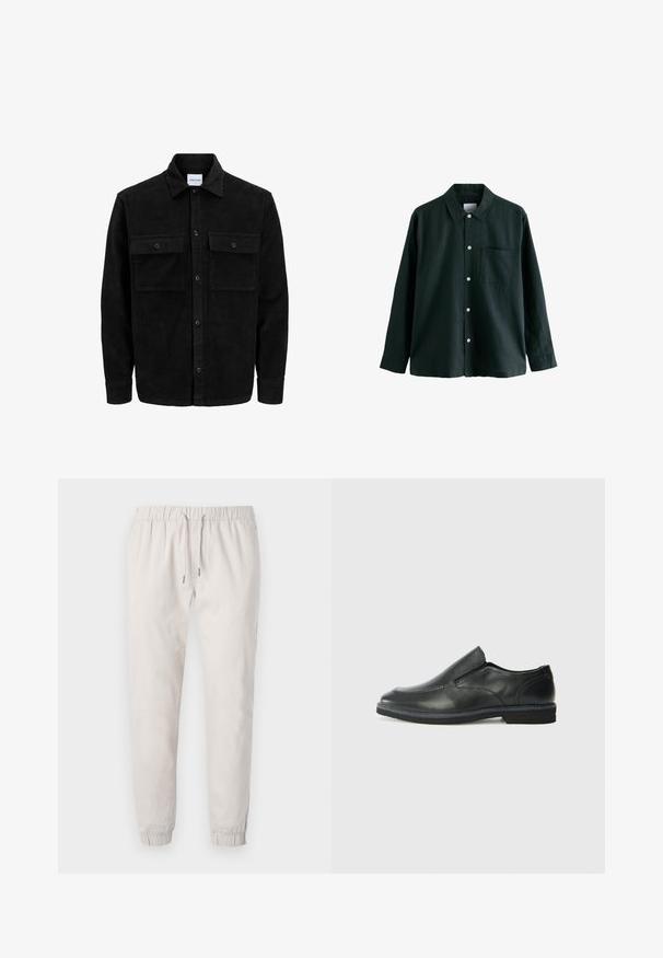 Crni kožni kord jakna na dugmad s dva prednja džepa s preklopom i klasičnim ovratnikom, dugim rukavima i rebrastom teksturom.; Tamnozelena košulja s dugim rukavima, ovratnikom i jednim džepom na grudima; sadrži bijele gumbe i meku teksturu.; Svijetlosmeđi jogger hlače napravljene od mekanog materijala, s elastičnim pojasom s vezicom, s manžetama na gležnjevima i bočnim džepovima.; Crne kožne cipele na sklapanje s glatkom gornjom površinom, prošivenim detaljima, zaobljenim vrhom i niskim gumene potplate. Potplat ima minimalne uzorke.