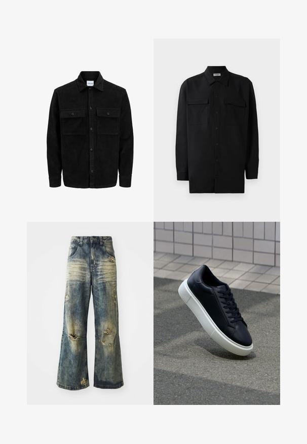 Črna kordurojska jakna z gumbi, z dvema sprednjima žepoma z zavihkom in klasičnim ovratnikom, dolgimi rokavi ter rebrasto teksturo.; Črn srajčni zgornji del iz gladkega materiala, s klasičnim ovratnikom, dvema sprednjima žepoma in dolgimi rokavi z gumbi na manšetah.; Bledi modri široki traper hlače z raztrganinami in strganim robom. Imajo klasičen pet-žepni dizajn in zanke za pas na pasu.; Črne usnjene superge z zaobljenim prstom in belim gumijastim podplat. Imajo ravne vezalke in minimalno šivanje na zgornjem delu. Teksturirani podplat za oprijem.