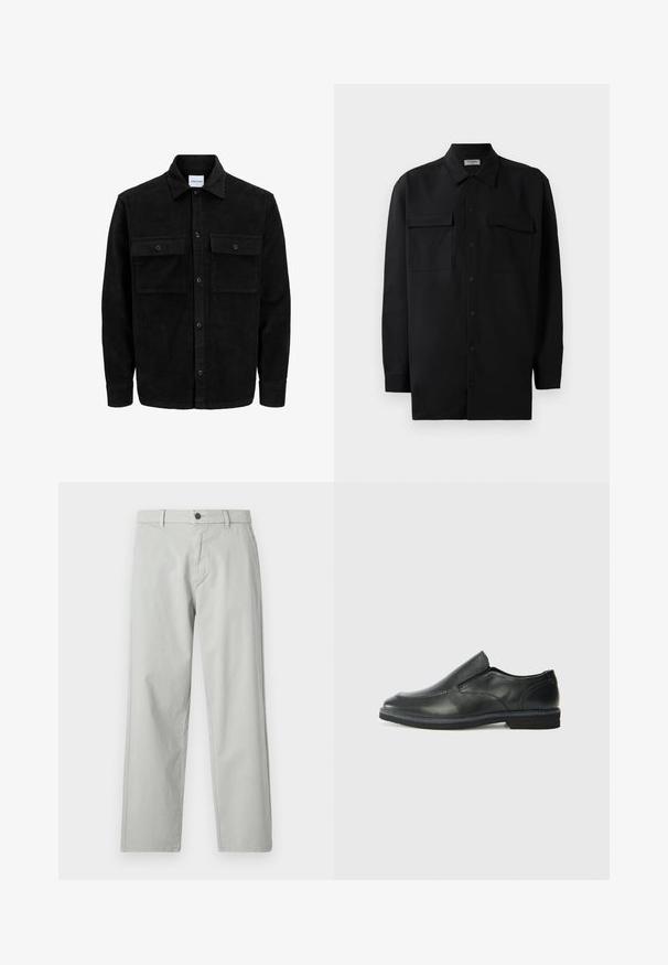 Črna kordurojska jakna z gumbi, z dvema sprednjima žepoma z zavihkom in klasičnim ovratnikom, dolgimi rokavi ter rebrasto teksturo.; Črn srajčni zgornji del iz gladkega materiala, s klasičnim ovratnikom, dvema sprednjima žepoma in dolgimi rokavi z gumbi na manšetah.; Svetlo sivi hlače ravnog kroja, izdelane iz gladkega, tkanega materiala. Imajo sprednje zapiranje na gumb in stranske žepe. Minimalističen slog.; Črne usnjene natikače z gladkim zgornjim delom, prišitimi detajli, zaobljenim nosom in nizkim gumijastim petkom. Podplat ima minimalen profil.