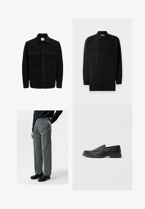 Black corduroy button-up jacket with two front flap pockets and a classic collar, long sleeves, and ribbed texture.; Black button-up shirt made of smooth fabric, featuring a classic collar, two front pockets, and long sleeves with button cuffs.; Gray pleated trousers made of woven fabric, featuring a high waist and side pockets, paired with black leather loafers.; Black leather loafers with a smooth finish, moccasin-style upper, stitched detailing, and a rubber sole. Classic design with a low heel.
