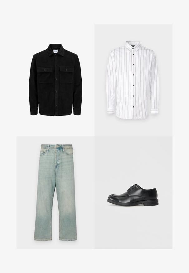 Črna kordurojska jakna z gumbi, z dvema sprednjima žepoma z zavihkom in klasičnim ovratnikom, dolgimi rokavi ter rebrasto teksturo.; Bela srajca z dolgimi rokavi in ozkimi navpičnimi črtami v rdeči in modri barvi, z gumbnim zapiranjem, koničastim ovratnikom in črnimi gumbi.; Svetlo modri kavbojki s sproščenim krojem, ravnimi hlačnicami in izbledelim videzom; vključujejo klasično zapiranje na gumb in zadrgo.; Črne usnjene čevlje z vezalkami, okroglo konico, gladko teksturo in nizko peto. Imajo šivano podrobnost vzdolž zgornjega dela in strani.