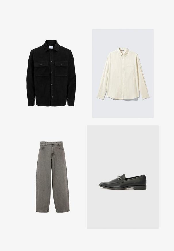 Svart kordfløyels knappjakke med to frontlommer med klaff og klassisk krage, lange ermer og ribbet tekstur.; Hvit teksturert skjorte med lange ermer, krage med knapper og en enkelt brystlomme. Merkeetikett "WEEKDAY" synlig inne i kragen.; Grå denimbukser med høy midje, vide ben, klassisk fem-lommers design, og en knappelukking foran. Svakt teksturert overflate.; Sorte skinnloafers med en glatt finish, og med en sydd design og en dekorativ metallkjedeakcent over foten. Flat hæl.