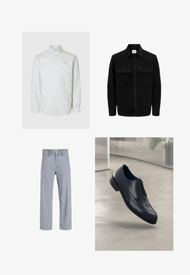Czarna kurtka z korduru z guzikami, z dwoma przednimi kieszeniami na klapki oraz klasycznym kołnierzem, długimi rękawami i ryżowym splotem.; Biała koszula z długim rękawem w niebieskie pionowe paski, z listwą guzikową i klasycznym kołnierzykiem. Wykonana z gładkiego materiału, z dopasowanym krojem.; Jasnoniebieskie dżinsy o luźnym kroju, prostych nogawkach, widocznym szwie, dwóch przednich kieszeniach i zapięciu na guzik.; Lśniący czarny skórzany but na obcasie z sznurówkami, unoszący się nad gładką, jasnoszarym podłogą oraz pionowymi metalowymi prętami w tle.
