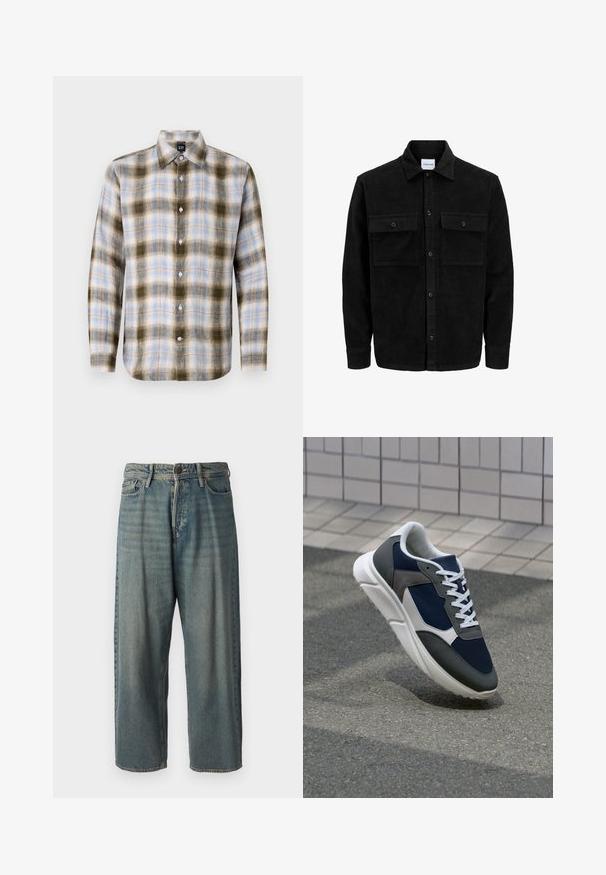 Jachetă din catifea neagră, cu butoni, două buzunare frontale cu clapetă și un guler clasic, mâneci lungi și textură ribbed.; Cămașă cu carouri în verde, albastru și crem, având guler clasic și mâneci lungi cu modele de carouri contrastante și nasturi albi.; Jeans din denim bleu deschis, cu o croială lejeră, talie medie și picioare drepte. Au cinci buzunare, bucle pentru curea și închidere cu nasture.; Adidași cu un uppers din plasă albastră închisă, accente din suede gri, talpă din cauciuc alb și șireturi plate albe, concepuți pentru confort și respirabilitate.