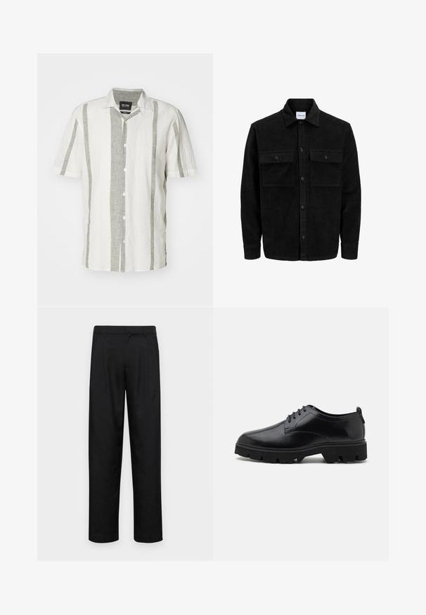 Melnas kordūru pogu jaka ar divām priekšējām atloka kabatām un klasisku apkakli, garām piedurknēm un ribotu tekstūru.; Kreklu ar īsām piedurknēm balts ar gaiši pelēkiem vertikāliem svītrām. Izgatavots no linu, ar klasisku apkakli un pieciem pogām priekšpusē.; Melnas bikses, izgatavotas no gludas auduma, ar taisnu kāju dizainu, divām priekšējām krokām un standarta jostu, kurai ir āķi.; Melnas ādas kurpes ar gludu virsmu, šņoru dizainu un biezām, robustām gumijas zolēm ar dziļiem protektoriem, lai nodrošinātu saķeri.