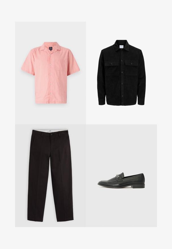 Čierna kordúrová bunda s gombíkmi, dvoma prednými vreckami so záklopkou a klasickým golierom, dlhými rukávmi a ryhovanou textúrou.; Krátky rukáv, ružová košeľa vyrobená z ľahkého materiálu s button-down prednou časťou, golierom a jedným vreckom na prsiach. Jednoduchý dizajn a textúra.; Čierne rovné nohavice chinos s pútkami na opasok, zapínaním na gombík a bočnými vreckami, zobrazené na svetlo šedom pozadí.; Čierne kožené loafers s hladkým povrchom, s prešitým dizajnom a dekoratívnym kovovým reťazovým akcentom cez priehlavok. Plochý podpätok.
