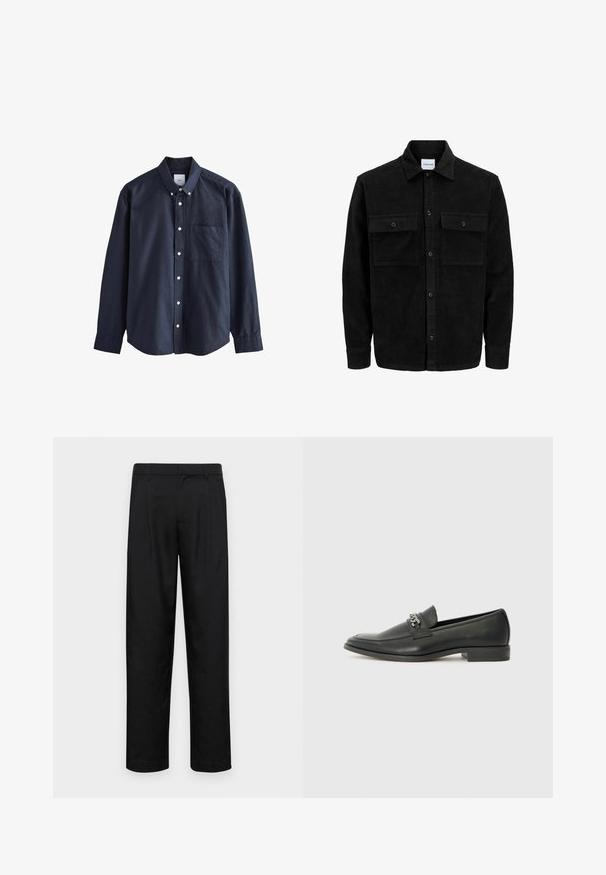 Mustmustöös nupuga jope, millel on kaks eesmist klapiga taskut ja klassikaline kaelus, pikad varrukad ning ribakujuline tekstuur.; Tumed sinine nööpide jaotuse särk puuvillast, millel on terav krae, pikad varrukad, rinnanipp ja valged nööbid.; Mustad mustadest riietest, millel on sirge jalgade disain, kaks eesmist voltimist ja tavaline vöökoht, millel on vöökohad.; Must haveate nahkking punased, millel on sile viimistlus, tikitud muster ja dekoratiivne metallkett vampi üle. Tasane konts.