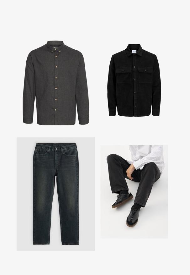 Giacca in corduroy nera con bottoni, due tasche anteriori con patta, colletto classico, maniche lunghe e texture a coste.; Camicetta button-up grigia scura realizzata in tessuto testurizzato, con maniche lunghe, colletto e bottoni beige lungo la parte anteriore.; Jeans in denim blu scuro con taglio dritto, dotati di cinque tasche, chiusura con zip e cuciture a contrasto. Leggera scoloritura sul tessuto.; Sneaker nere con una tomaia liscia e testurizzata, con suola in gomma e lacci scuri. Abbinati a jeans neri e una camicia bianca a righe.