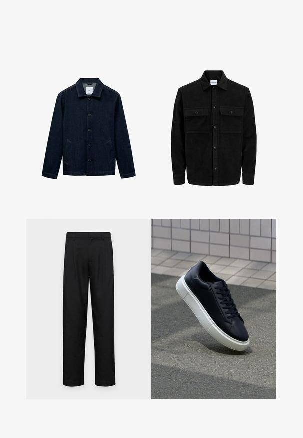 Zwarte corduroy knopenjack met twee voorste klepzakken en een klassieke kraag, lange mouwen en ribbelstructuur.; Donkerblauwe spijkerjack met een kraag, knopen vooraan, twee zijzakken en een rechte zoom. Gemêleerd stof met een klassieke casual uitstraling.; Zwarte broeken van gladde stof, met een recht model, twee voorknikken en een standaard tailleband met riemlussen.; Zwarte leren sneaker met een ronde neus en een witte rubberen zool. Voorzien van platte veters en minimale stiksels op het bovenwerk. Textuurrijke zool voor grip.
