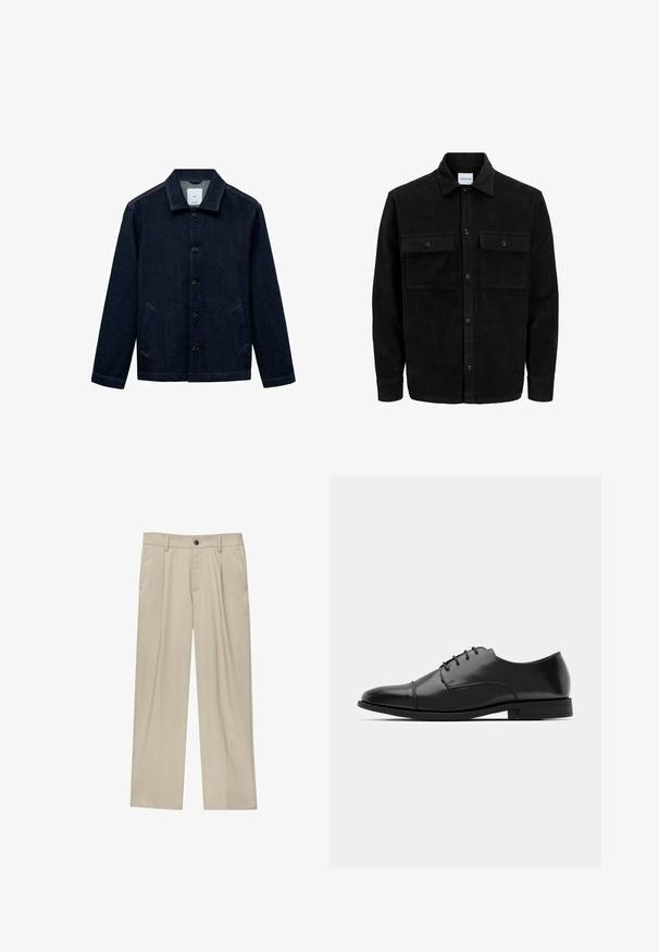 Černá kordurová košile s knoflíky, dvěma předními klopovými kapsami a klasickým límcem, dlouhými rukávy a vroubkovanou texturou.; Tmavě modrá džínsová bunda s límcem, předním zapínáním na knoflíky, dvěma bočními kapsami a rovný lem. Texturovaná látka s klasickým ležérním designem.; Béžové kalhoty klasického střihu, se jedním černým knoflíkem, poutky na opasek a bočními kapsami. Hladká textilie a minimalistický design.; Černé kožené společenské boty s kulatou špičkou, šněrováním, jemnými švy a nízkým podpatkem. Hladký povrch s lesklým finišem.