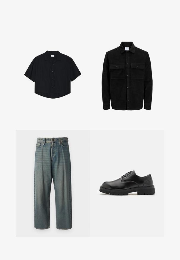 Czarna kurtka z korduru z guzikami, z dwoma przednimi kieszeniami na klapki oraz klasycznym kołnierzem, długimi rękawami i ryżowym splotem.; Czarna koszula z krótkim rękawem zapinana na guziki, z kołnierzykiem i przednią kieszenią, charakteryzująca się lekko zaokrąglonym dołem oraz luźnym krojem.; Jasnoniebieskie dżinsy o luźnym kroju, średnim stanie i prostych nogawkach. Posiadają pięć kieszeni, szlufki na pasek oraz zapięcie na guzik.; Czarne skórzane buty z zaokrąglonym czubkiem, na sznurówki, z grubą, teksturowaną gumową podeszwą. Cecha to przeszycia wzdłuż krawędzi oraz gładkie wykończenie.