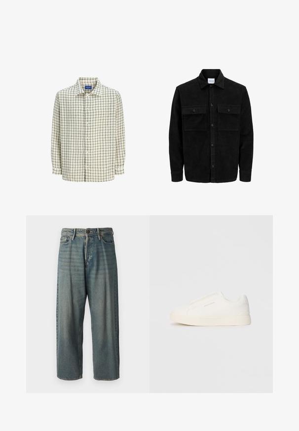 Černá kordurová košile s knoflíky, dvěma předními klopovými kapsami a klasickým límcem, dlouhými rukávy a vroubkovanou texturou.; Hedvábná košile v krémové barvě s černým kostkovaným vzorem. Vyrobena z lehkého materiálu, má límečkový výstřih a dlouhé rukávy.; Světle modré denimové džíny s volným střihem, středně vysokým pasem a rovnými nohavicemi. Obsahují pět kapes, poutka na opasek a zapínání na knoflík.; Bílé slip-on tenisky s texturovaným povrchem, silnou podešví a minimalistickým designem. Na boku je umístěno logo značky.