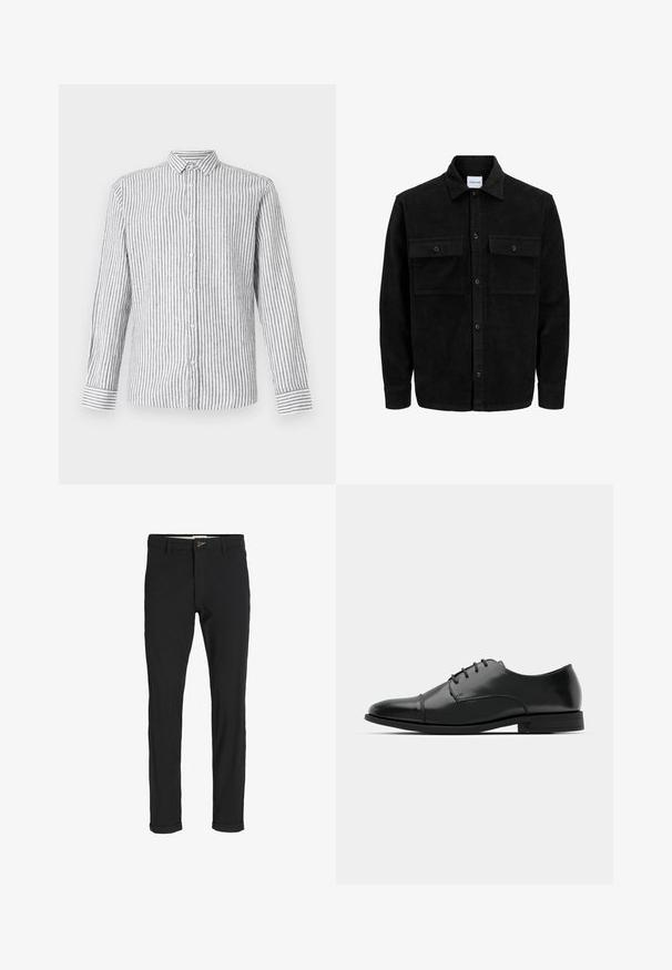 Veste en velours côtelé noire à boutons, avec deux poches à rabat à l'avant et un col classique, des manches longues et une texture côtelée.; Chemise à manches longues à boutons de couleur gris clair avec des rayures verticales blanches. Dotée d'un col classique et de poignets avec un motif rayé.; Pantalons noirs en mélange de coton avec une coupe slim, dotés d'une fermeture à bouton, de poches et de revers pour une finition décontractée.; Chaussure habillée noire en cuir avec un bout rond, un laçage, des détails de couture subtils et un petit talon. Texture lisse avec une finition polie.