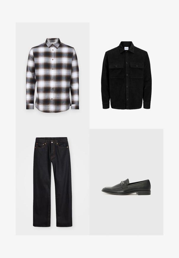 Czarna kurtka z korduru z guzikami, z dwoma przednimi kieszeniami na klapki oraz klasycznym kołnierzem, długimi rękawami i ryżowym splotem.; Koszula w kratę z długim rękawem, w kolorach brązowym, czarnym i białym, z kołnierzykiem zapinanym na guziki oraz brązowymi guzikami, wykonana z miękkiego materiału.; Męskie jeansy w prostym kroju, czarne, z pięcioma kieszeniami oraz pomarańczowymi strefami, z zapięciem na guzik i zamek z przodu w pasie.; Czarne skórzane mokasyny o gładkim wykończeniu, z haftowanym wzorem i dekoracyjnym akcentem z metalowego łańcucha na wierzchu. Płaska pięta.