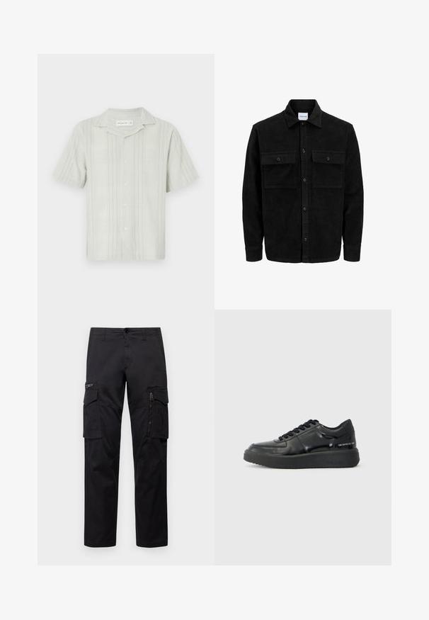 Juodas velveto mygtukų švarkas su dviem priekiniais kišenėmis su atvartais, klasikiniu apykakle, ilgomis rankovėmis ir raukšlėtu paviršiumi.; Šviesiai žalia trumpųjų rankovių marškinėliai, pagaminti iš tekstūruotos medžiagos, su vertikaliomis juostelėmis, stovyklos apykakle ir sagstomu priekiu.; Juodos krovinių kelnės, turinčios kelis kišenes, užtrauktuku uždaromą kišenę ant šlaunies, tiesaus kirpimo ir tvirtos medvilnės audinys su nežymiu blizgesiu.; Juodos odinės sportbačiai su lygiu paviršiumi, apvalia nosimi ir kontrastingu juodu guminiu padu. Yra plokščios raištelės ir prekės ženklas ant šono.