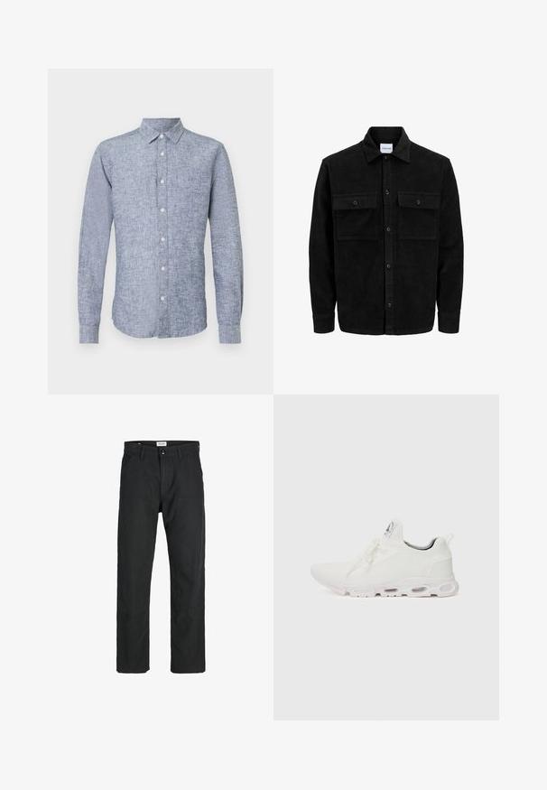 Giacca in corduroy nera con bottoni, due tasche anteriori con patta, colletto classico, maniche lunghe e texture a coste.; Camicia blu in lino a maniche lunghe con colletto button-down, caratterizzata da un tessuto strutturato e un orlo curvo. Cinque bottoni frontali disposti in una sola fila.; Pantaloni neri realizzati in tessuto resistente, caratterizzati da un design a gamba dritta, dettagli cuciti e due tasche frontali per la funzionalità.; Scarpe atletiche bianche con tomaia in maglia testurizzata, lacci piatti e una suola ammortizzata con camere d'aria visibili per un supporto aggiuntivo.