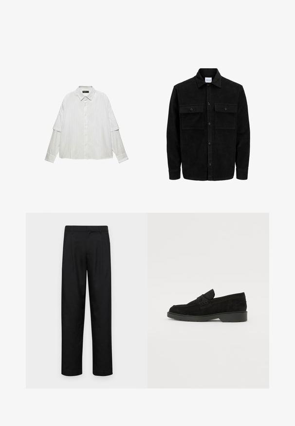 Black corduroy button-up jacket with two front flap pockets and a classic collar, long sleeves, and ribbed texture.; White button-up shirt with vertical grey stripes. Features a classic collar, relaxed fit, and long sleeves with cuff details.; Black trousers made of smooth fabric, featuring a straight-leg design, two front pleats, and standard waistband with belt loops.; Black suede loafers with a low heel, featuring a simple band across the upper and textured detailing along the sides.