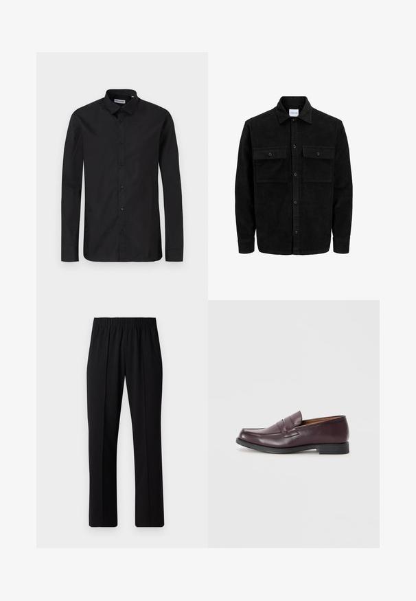 Svart kordfløyels knappjakke med to frontlommer med klaff og klassisk krage, lange ermer og ribbet tekstur.; Svart langermet skjorte med knappestolpe, laget av glatt stoff, med frontknapper og en regular fit-design.; Svart, elastisk midjebukser med rett ben-design, med en glatt tekstur og uten synlige mønstre eller maskinvare.; Burgunderfargede skinnloafer med avrundet tå, diskret sydd detaljering og en lav svart såle. Klassisk design med minimal pynt.