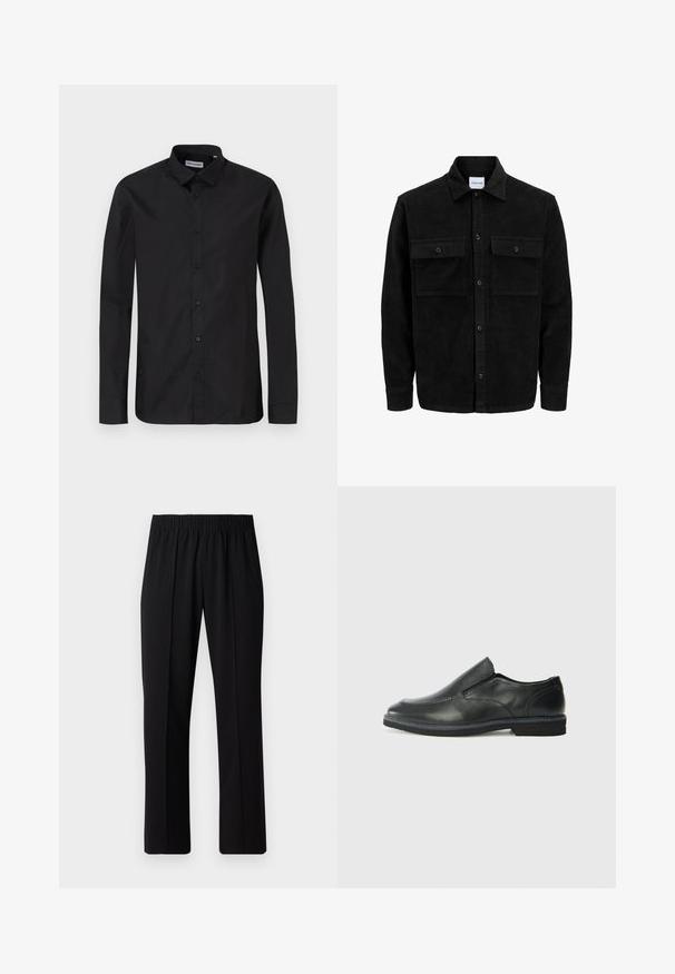 Giacca in corduroy nera con bottoni, due tasche anteriori con patta, colletto classico, maniche lunghe e texture a coste.; Camicia nera a maniche lunghe con bottoni, colletto classico, realizzata in tessuto liscio, con bottoni frontali e un design a vestibilità regolare.; Pantaloni neri con vita elasticizzata e design a gamba dritta, caratterizzati da una texture liscia e senza motivi o hardware visibili.; Scarpa nera in pelle con inserto scivolare, superiore liscio, dettagli cuciti, punta arrotondata e tacco in gomma basso. La suola presenta un battistrada minimale.