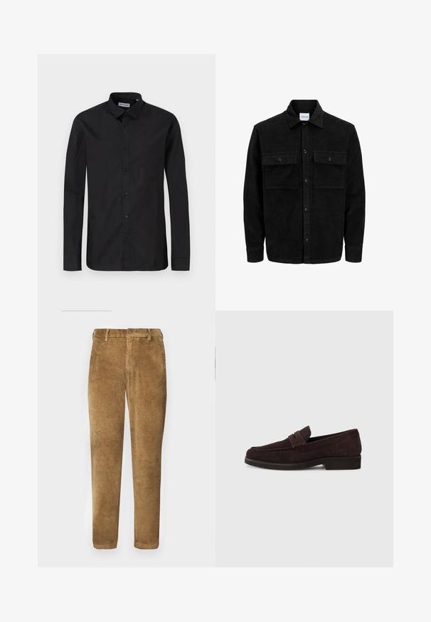 Black corduroy button-up jacket with two front flap pockets and a classic collar, long sleeves, and ribbed texture.; Black long-sleeve button-up shirt with a classic collar, made of smooth fabric, featuring front buttons and a regular fit design.; Brown corduroy pants with vertical ribbed texture, straight cut, button closure, and belt loops. Smooth fabric with a soft finish.; Brown suede loafers with a low profile and rounded toe. Features a decorative strap across the upper, flat rubber sole, and no visible stitching.