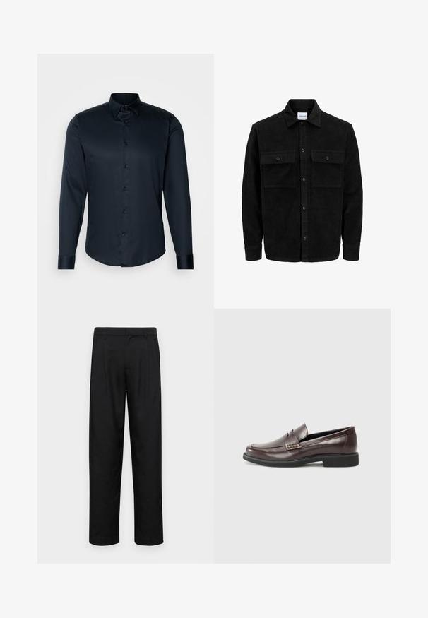 Zwarte corduroy knopenjack met twee voorste klepzakken en een klassieke kraag, lange mouwen en ribbelstructuur.; Lindbergh PLAIN - Overhemd - navy; Zwarte broeken van gladde stof, met een recht model, twee voorknikken en een standaard tailleband met riemlussen.; Bruine leren loafers met een gladde afwerking, voorzien van een subtiele gestikte detail op de bovenkant en een zwarte rubberen zool.