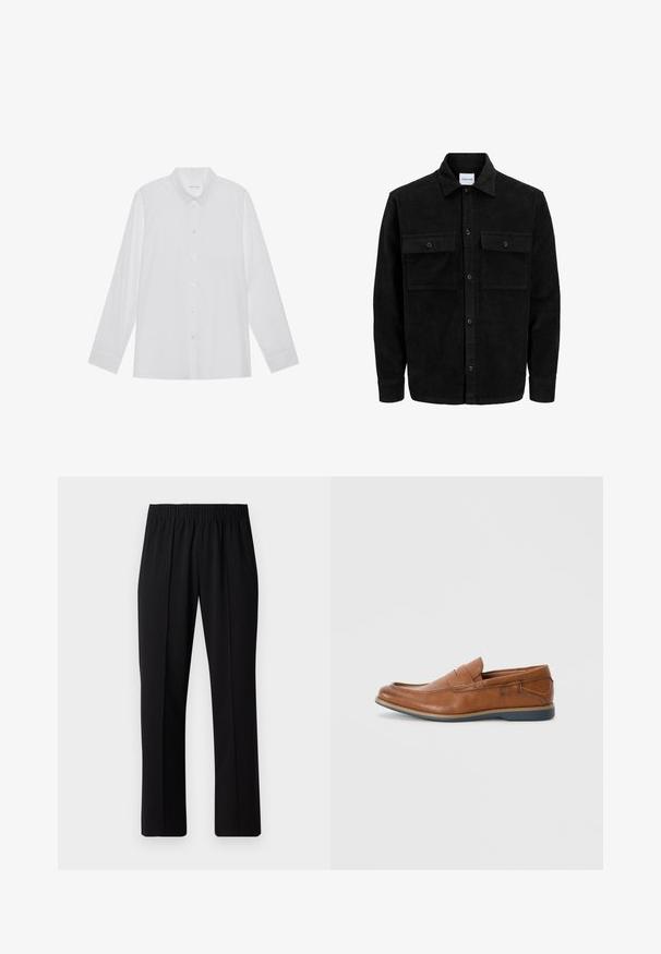 Czarna kurtka z korduru z guzikami, z dwoma przednimi kieszeniami na klapki oraz klasycznym kołnierzem, długimi rękawami i ryżowym splotem.; Biała koszula z długim rękawem, wykonana z gładkiego materiału, z kołnierzykiem w kształcie ostrego, z zapięciem na guziki z przodu i mankietami zapinanymi na jeden guzik.; Czarne spodnie z elastycznym pasem o prostym kroju, z gładką strukturą i bez widocznych wzorów czy elementów metalowych.; Brązowe skórzane mokasyny z okrągłym noskiem, przeszyciami i niską gumową podeszwą. Projekt posiada pasek na górnej części.