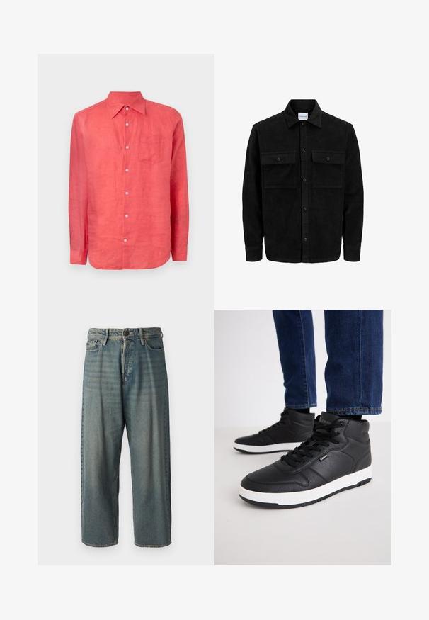 Černá kordurová košile s knoflíky, dvěma předními klopovými kapsami a klasickým límcem, dlouhými rukávy a vroubkovanou texturou.; GAP Košile - watermelon ice; Světle modré denimové džíny s volným střihem, středně vysokým pasem a rovnými nohavicemi. Obsahují pět kapes, poutka na opasek a zapínání na knoflík.; Černé vysoké tenisky vyrobené z texturované kůže, s černými tkaničkami, bílou gumovou podrážkou a malým logem na boku.