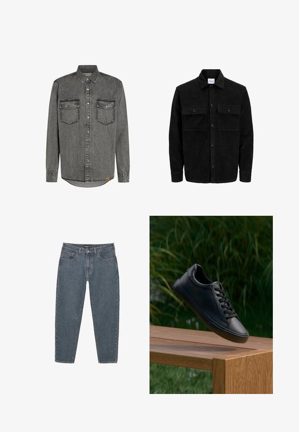 Črna kordurojska jakna z gumbi, z dvema sprednjima žepoma z zavihkom in klasičnim ovratnikom, dolgimi rokavi ter rebrasto teksturo.; Siva denim srajca z dolgimi rokavi, zapiranje na gumbe, dva žepa na prsih in kontrastno šivanje. Zaobljen rob in oznaka na strani.; Temno modri traper hlače z sproščenim krojem, petimi žepi, gumbom za zapiranje in rahlo strganim robom. Trpežen material z rahlo teksturo.; Črne usnjene superge z gladko teksturo, okroglo špicasto konico in ravnimi vezalkami, postavljene nad leseno površino z zeleno travo v ozadju.