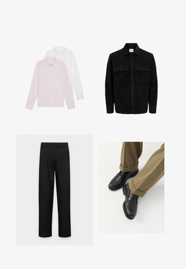 Veste en velours côtelé noire à boutons, avec deux poches à rabat à l'avant et un col classique, des manches longues et une texture côtelée.; Deux chemises à manches longues : une rose clair, l'autre blanche. Les deux sont dotées de cols pointus et de fermetures à boutons. Tissu lisse sans motifs.; Pantalons noirs en tissu lisse, avec une coupe droite, deux plis avant et une taille standard avec passants de ceinture.; Chaussures habillées en cuir noir avec une finition lisse, dotées de lacets et d'un bout arrondi, associées à un pantalon en khaki retroussé.