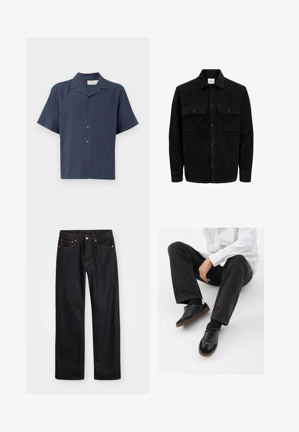 Mustmustöös nupuga jope, millel on kaks eesmist klapiga taskut ja klassikaline kaelus, pikad varrukad ning ribakujuline tekstuur.; Lühikeste varrukatega, nööpidega särginavi, valmistatud tekstuuripinnast. Omab klassikalist kraed ja viit musta nööpi ees.; Meeste sirge jala mustad denim teksad viie taskuga, oranž õmblus, nupu ja tõmblukuga ees nagu vöökoht.; Mustad spordijalatsid siledast ja tekstuurilisest ülemisest osast, millel on kummist tald ja tumedad nöörid. Kombineeritud mustade teksade ja valge triibulise särgiga.