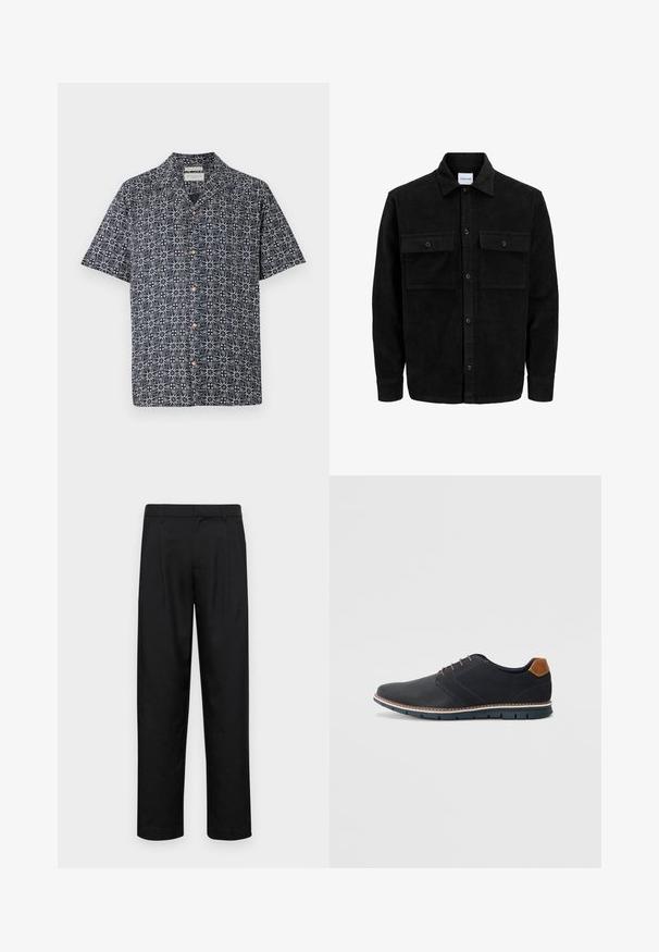 Zwarte corduroy knopenjack met twee voorste klepzakken en een klassieke kraag, lange mouwen en ribbelstructuur.; Korte mouwen hemden in marineblauw met een wit abstract patroon, voorzien van een knoopsluiting aan de voorkant en een kraag. Zachte stof met een ontspannen pasvorm.; Zwarte broeken van gladde stof, met een recht model, twee voorknikken en een standaard tailleband met riemlussen.; Zwarte synthetische schoenen met een gestructureerde bovenkant, gladde accenten, bruine hak en een contrasterende zool. Bevat minimale veters en stikdetails.