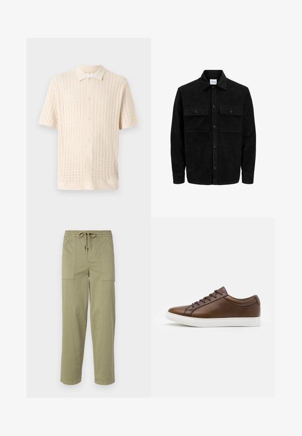 Schwarze Corduroy-Button-Up-Jacke mit zwei frontalem Klappentaschen und klassischem Kragen, langen Ärmeln und gerippter Textur.; Kurzärmliges Button-Down-Hemd in hellem Creme, mit einem strukturierten Strickmuster, Kragen und fünf Knöpfen an der Vorderseite.; Helle olivgrüne Hose aus Baumwollmischgewebe, mit einem elastischen Bund und Kordelzug sowie zwei großen Seitentaschen.; Braune Leder-Sneaker mit runder Zehenform, weißer Gummisohle und fünf Ösen zum Schnüren. Mit dezentem Branding an der Ferse.