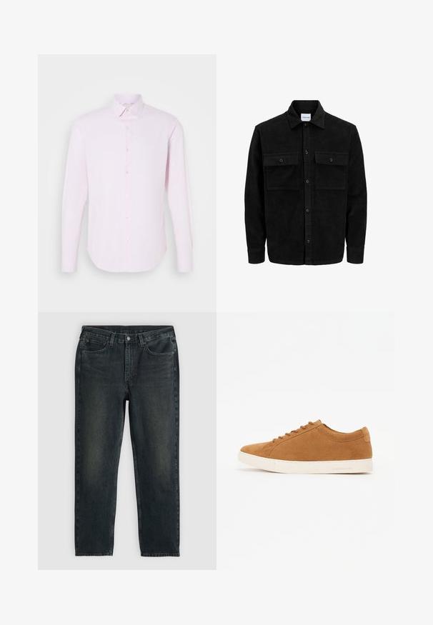 Črna kordurojska jakna z gumbi, z dvema sprednjima žepoma z zavihkom in klasičnim ovratnikom, dolgimi rokavi ter rebrasto teksturo.; Svetlo roza majica z dolgimi rokavi in gumbom, pikast ovratnik in gladka tekstura. Ima subtilne navpične črte ter ožji kroj.; Črne kavbojke iz denima z ravnim krojem nogavic, zasnovo s petimi žepi in subtilnimi podrobnostmi bledenja. Imajo gumb in zadrgo za zapiranje.; Rjavi semiš športni copati z nizkim dizajnom, belem gumijastem podplatu in okroglo oblikovanim nosom. Imajo usklajene vezalke in minimalno blagovno znamko na peti.