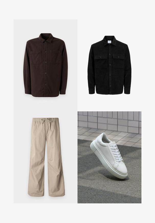 Čierna kordúrová bunda s gombíkmi, dvoma prednými vreckami so záklopkou a klasickým golierom, dlhými rukávmi a ryhovanou textúrou.; Tmavo hnedá košeľová bunda vyrobená z jemného materiálu, s dvoma prednými vreckami, zapínaním na gombík a klasickým dizajnom goliera.; Béžové široké nohavice s elastickým pásom a šnúrkou. Hladký povrch, dve bočné vrecká a minimálne švy pre uvoľnený strih.; Biele kožené tenisky s hladkým povrchom, okrúhlym špičkou a plochými bielymi šnúrkami. Obsahuje štruktúrovanú gumovú podrážku a minimalistický dizajn.