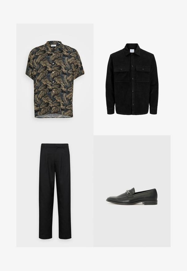 Chaqueta de pana negra con botones, dos bolsillos delanteros con solapa y un cuello clásico, mangas largas y textura acanalada.; Camisa de manga corta negra con un estampado de hojas de palma en dorado y gris claro. Presenta un cuello y cierres de botón en la parte frontal.; Pantalones negros de tela suave, con un diseño de pierna recta, dos pliegues frontales y una cintura estándar con trabillas para el cinturón.; Mocasín de cuero negro con un acabado suave, que cuenta con un diseño de costura y un acento decorativo de cadena de metal en el empeine. Tacón plano.
