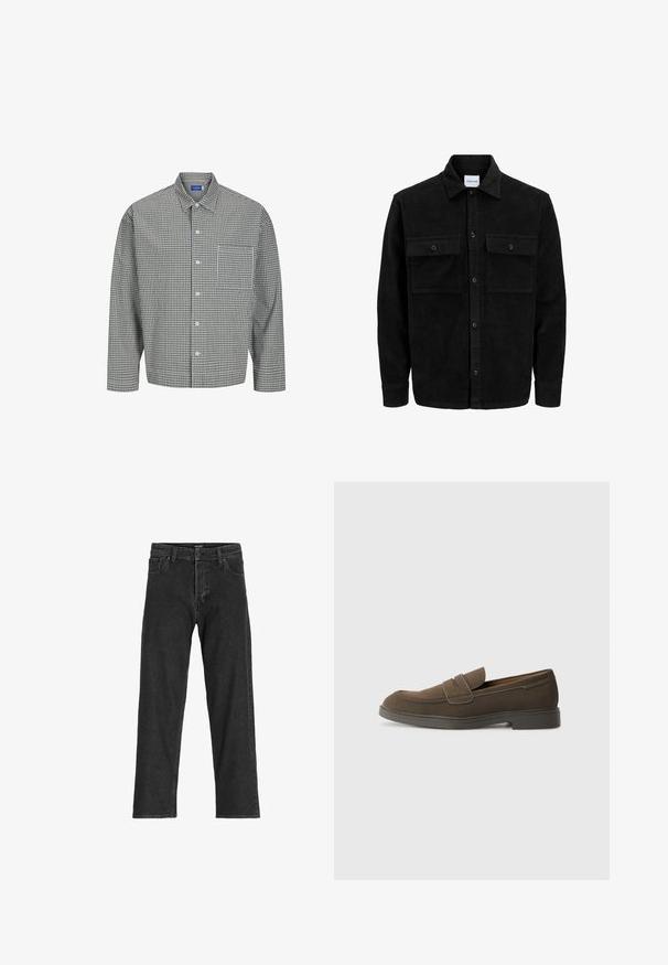Giacca in corduroy nera con bottoni, due tasche anteriori con patta, colletto classico, maniche lunghe e texture a coste.; Jack & Jones WEIT GESCHNITTEN - Camicia - bright white; Jeans in denim nero con un design a gamba dritta, dotati di zip, passanti per cintura e sei tasche, realizzati in un resistente tessuto misto cotone.; Mocassino in suede marrone con punta arrotondata, una fascia sulla parte superiore e suola in gomma piatta. Design semplice con linee pulite e dettagli minimi.
