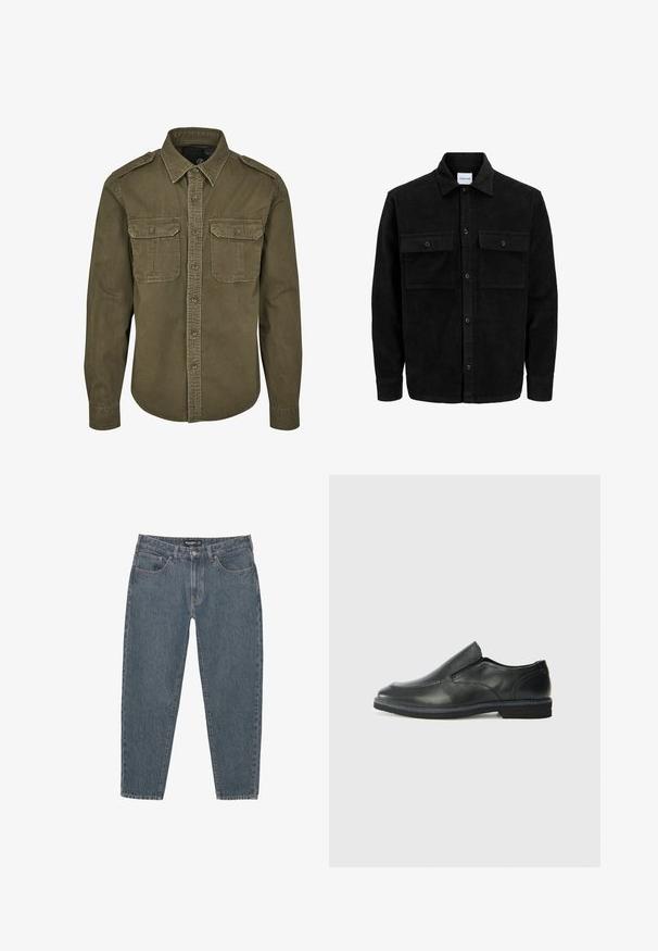Jachetă din catifea neagră, cu butoni, două buzunare frontale cu clapetă și un guler clasic, mâneci lungi și textură ribbed.; Cămașă verde măslin, cu butoni, din bumbac. Are un guler, două buzunare pe piept cu clapete și umeri structurați cu cosit vizibil.; Jeans din denim albastru închis cu o croială lejeră, design cu cinci buzunare, închidere cu buton și tiv ușor desfăcut. Material durabil cu o textură subtilă.; Pantof de piele neagră, tip slip-on, cu un superior neted, accente cusute, vârf rotunjit și un toc jos din cauciuc. Talpa are un profil minim de aderență.