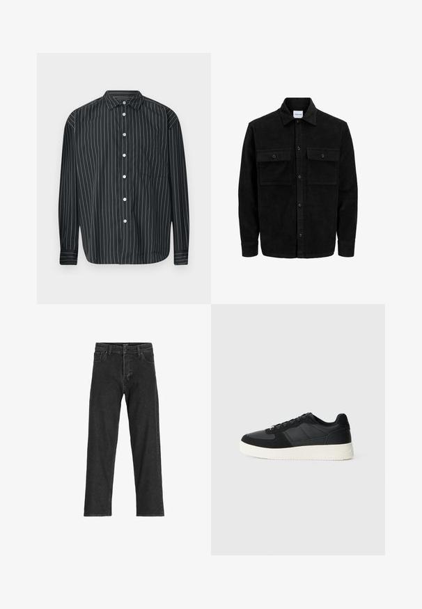 Chaqueta de pana negra con botones, dos bolsillos delanteros con solapa y un cuello clásico, mangas largas y textura acanalada.; Camisa negra de manga larga con botones, con finas rayas verticales blancas, un bolsillo en el pecho, tela suave y diseño de cuello clásico.; Jeans de mezclilla negra con un diseño de pierna recta, que cuentan con una bragueta con cremallera, pasadores para cinturón y seis bolsillos, fabricados en una resistente mezcla de algodón.; Zapatilla negra de corte bajo con paneles de cuero texturizado y gamuza, suela de goma blanca y cordones negros sobre un fondo claro y liso.