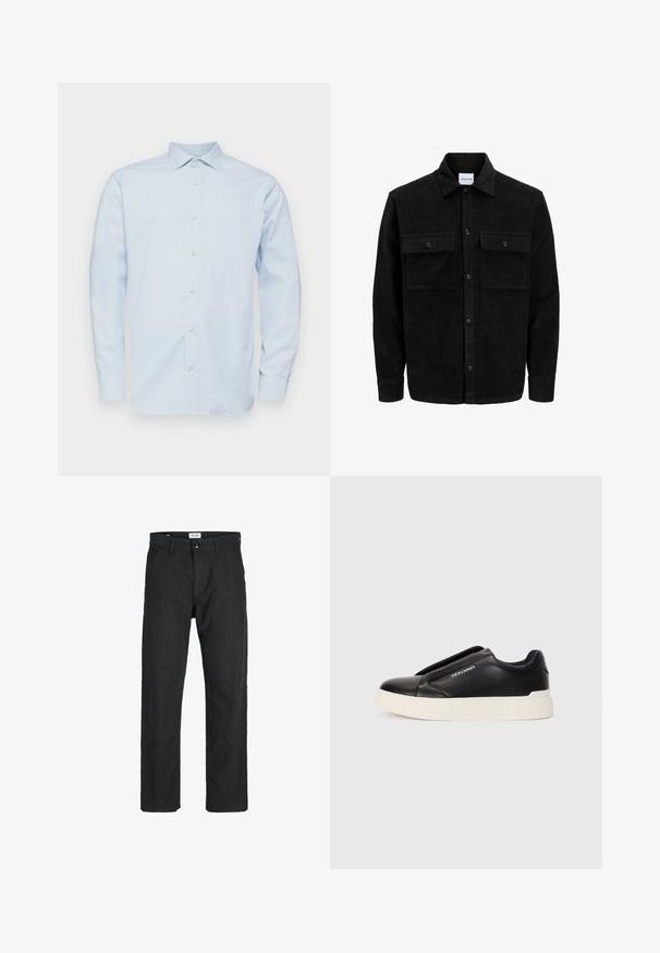 Schwarze Corduroy-Button-Up-Jacke mit zwei frontalem Klappentaschen und klassischem Kragen, langen Ärmeln und gerippter Textur.; Hellblaues Langarmhemd mit spitzem Kragen, Knopfleiste und dezentem Karomuster. Hergestellt aus glattem Stoff mit strukturierter Passform.; Schwarze Hosen aus strapazierfähigem Stoff, mit geradem Bein, genähten Akzenten und zwei vorderen Taschen für Funktionalität.; Schwarzer Schlupfschuh aus strukturiertem Lederobermaterial, mit weißer Gummisohle und ohne sichtbare Schnürsenkel. Mit Markenlogo an der Seite.