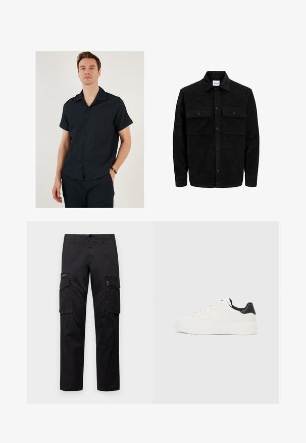 Črna kordurojska jakna z gumbi, z dvema sprednjima žepoma z zavihkom in klasičnim ovratnikom, dolgimi rokavi ter rebrasto teksturo.; Črna majica s kratkimi rokavi in ovratnikom, z rebrasto teksturo in gumbom spredaj. V kompletu z ujemajočimi se hlačami, kar ustvarja usklajen videz.; Črne cargo hlače z več žepi, z zadrgo na stegnu, ravnim krojem in trdnim bombažnim materialom z rahlo sijajem.; Beli usnjeni superge z embosiranim vzorcem, teksturiranimi belimi srednjimi podplati in črnim poudarkom na peti. Imajo zaobljen nos in ravne vezalke.