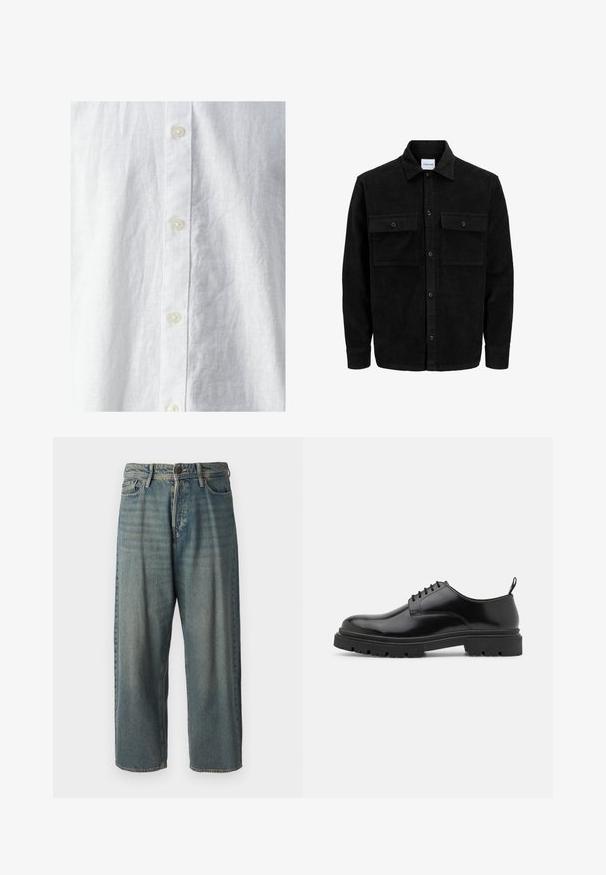 Czarna kurtka z korduru z guzikami, z dwoma przednimi kieszeniami na klapki oraz klasycznym kołnierzem, długimi rękawami i ryżowym splotem.; Biała lniana koszula o fakturowanej powierzchni, z przodem zapinanym na guziki i trzema widocznymi guzikami. Klasyczny design bez wzorów.; Jasnoniebieskie dżinsy o luźnym kroju, średnim stanie i prostych nogawkach. Posiadają pięć kieszeni, szlufki na pasek oraz zapięcie na guzik.; Czarne skórzane buty sznurowane z okrągłym noskiem, gładką teksturą i żłobioną gumową podeszwą. Posiadają mały obcas i pętlę z tyłu.