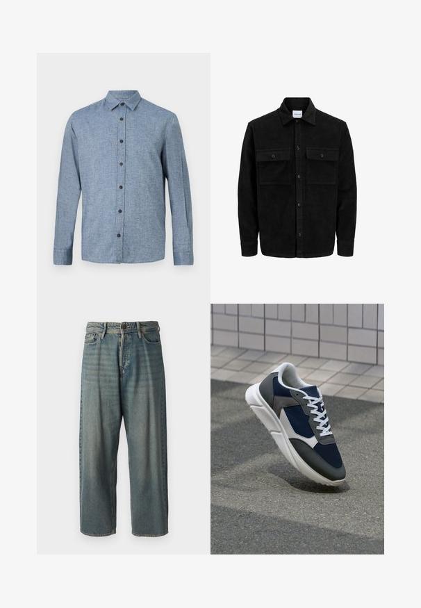 Crni kožni kord jakna na dugmad s dva prednja džepa s preklopom i klasičnim ovratnikom, dugim rukavima i rebrastom teksturom.; Dugmasta košulja s dugim rukavima u svijetloplanoj tkanini s teksturiranim tkay, koja sadrži ovratnik i šest tamnosmeđih dugmadi sprijeda.; Svijetloplave traperice s širokim krojem, srednjim pojasom i ravnim nogavicama. Ima pet džepova, petlje za remen i kopčanje na gumb.; Tenisice s gornjim dijelom od mrežastog materijala tamnoplave boje, siva antilopova naglašavanja, bijela gumena potplat i ravne bijele vezice, dizajnirane za udobnost i prozračnost.