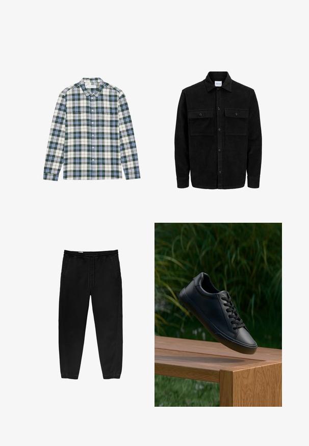 Černá kordurová košile s knoflíky, dvěma předními klopovými kapsami a klasickým límcem, dlouhými rukávy a vroubkovanou texturou.; Zeleno-bílá kostkovaná košile s modrými akcenty, s límečkem na knoflíky, dlouhými rukávy a náprsní kapsou. Vyrobena z měkké látky.; Černé kalhoty s elastickým pasem a stahovací šňůrkou, se zúženými nohavicemi, bočními kapsami a jemnými detaily bočního šití. Měkká textilie z bavlny.; Černé kožené tenisky s hladkým povrchem, kulatou špičkou a plochými tkaničkami, umístěné nad dřevěným povrchem s pozadím zelené trávy.
