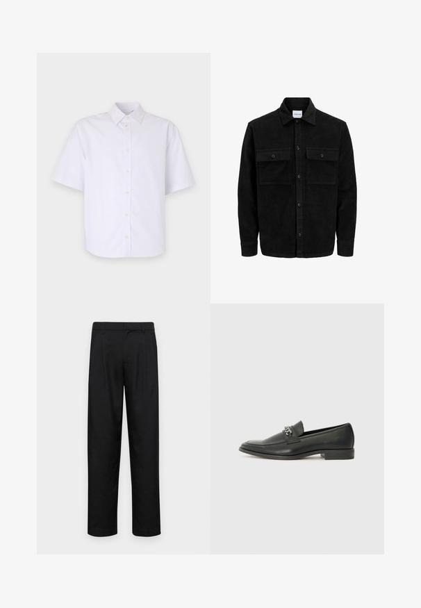 Czarna kurtka z korduru z guzikami, z dwoma przednimi kieszeniami na klapki oraz klasycznym kołnierzem, długimi rękawami i ryżowym splotem.; Koszula z krótkim rękawem, zapinana na guziki, wykonana z chrupiącej białej bawełny. Posiada klasyczny kołnierzyk, prosty dół oraz delikatne guziki z przodu.; Czarne spodnie wykonane z gładkiego materiału, z prostą nogawką, dwoma fałdami z przodu oraz standardowym paskiem z wypustkami na pasek.; Czarne skórzane mokasyny o gładkim wykończeniu, z haftowanym wzorem i dekoracyjnym akcentem z metalowego łańcucha na wierzchu. Płaska pięta.