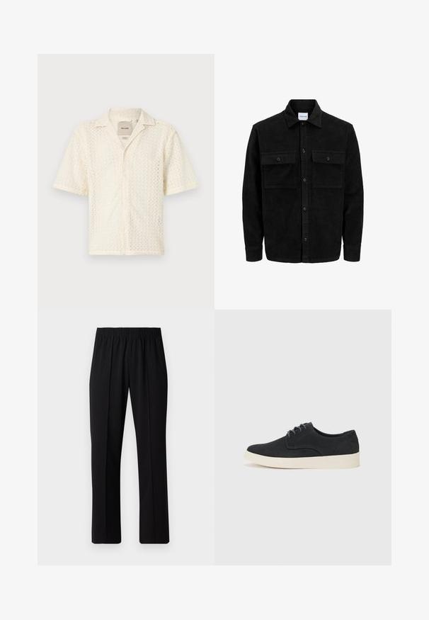 Veste en velours côtelé noire à boutons, avec deux poches à rabat à l'avant et un col classique, des manches longues et une texture côtelée.; Chemise à manches courtes de couleur crème fabriquée en tissu texturé avec un motif en zigzag et un boutonnage sur le devant. Elle présente un col classique et une poche.; Pantalons noirs à taille élastique avec une coupe droite, présentant une texture lisse et sans motifs ni éléments visibles.; Chaussure en daim noir à lacets avec un bout arrondi, semelle légère crème et subtils accents de coutures bleues sur la tige.