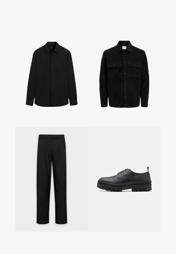 Zwarte corduroy knopenjack met twee voorste klepzakken en een klassieke kraag, lange mouwen en ribbelstructuur.; Zwarte overhemd met lange mouwen, gemaakt van soepele stof, met een spread collar, knopen aan de voorkant en een getailleerde pasvorm met manchetten.; Zwarte broeken van gladde stof, met een recht model, twee voorknikken en een standaard tailleband met riemlussen.; Zwarte leren schoen met een ronde neus, vetersluiting en stevige rubberen zool. Heeft een trekkoord aan de hiel en getextureerde accenten.
