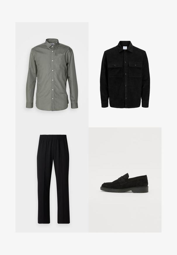 Veste en velours côtelé noire à boutons, avec deux poches à rabat à l'avant et un col classique, des manches longues et une texture côtelée.; Chemise à manches longues pour homme en tissu vert olive, fermeture à boutons à l'avant, col évasé et poignets arrondis avec une texture subtile.; Pantalons noirs à taille élastique avec une coupe droite, présentant une texture lisse et sans motifs ni éléments visibles.; Mocassins en cuir suédé noir à talon bas, avec une band simple sur le dessus et des détails texturés le long des côtés.