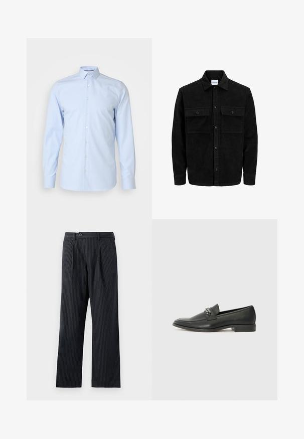 Mustmustöös nupuga jope, millel on kaks eesmist klapiga taskut ja klassikaline kaelus, pikad varrukad ning ribakujuline tekstuur.; Heledsinine nööridega särk, pika varrukaga, klassikalise kaelusega, valmistatud siledast kangast, esiosas valged nööbid, minimaalne disain.; Mustmustriibulised mustad püksid, sirge jala disainiga, eesplekkidega ja nööpkinnitusega, valmistatud sileda kangaga.; Must haveate nahkking punased, millel on sile viimistlus, tikitud muster ja dekoratiivne metallkett vampi üle. Tasane konts.